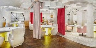 Dining room with red curtains